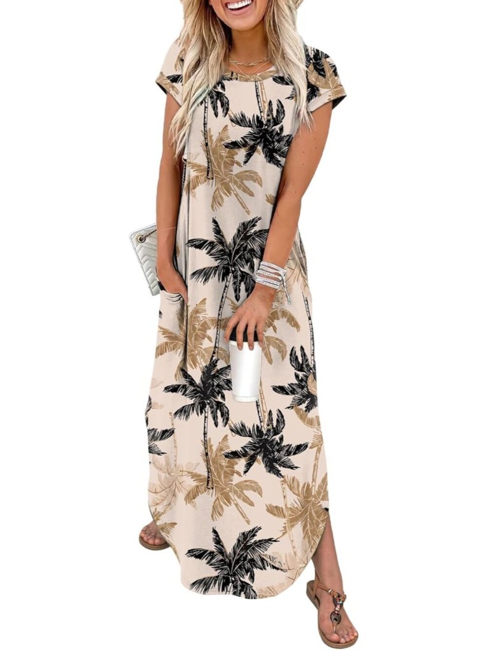 〽️Women’s Hawaiian Coconut Tree Maxi Dress Crew Neck Cap Sleeve Pocket Summer
